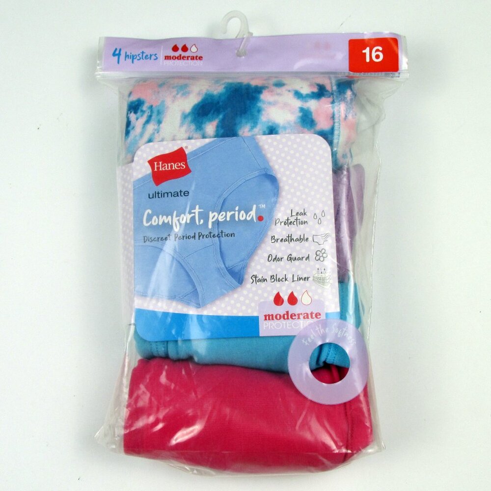 Hanes Comfort Period Underwear Hipsters 4 Pack Girls Size 16 New Sealed Teen
